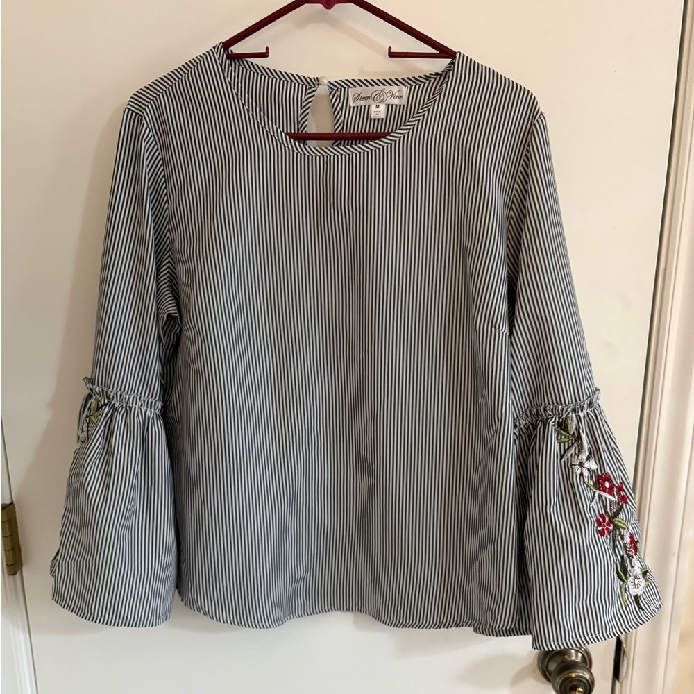 Stem & Vine Navy Striped Blouse with Embroidered Bell Sleeves